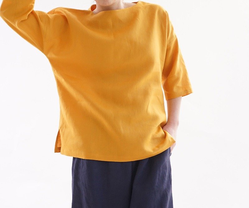 linen / shirt / tunic / crew neck / drop shoulder / yellow / t1-40 - เสื้อผู้หญิง - ผ้าฝ้าย/ผ้าลินิน สีเหลือง