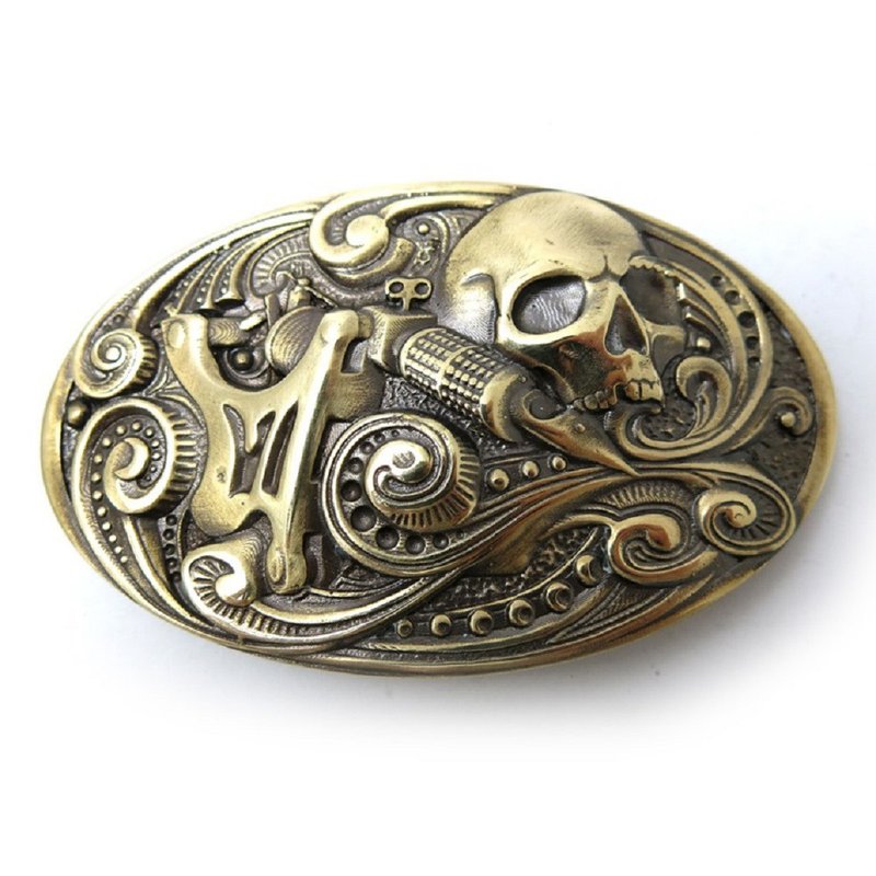 Tattoo machine skull brass belt buckle, Tattooist belt accessory - 皮帶/腰帶 - 其他材質 金色