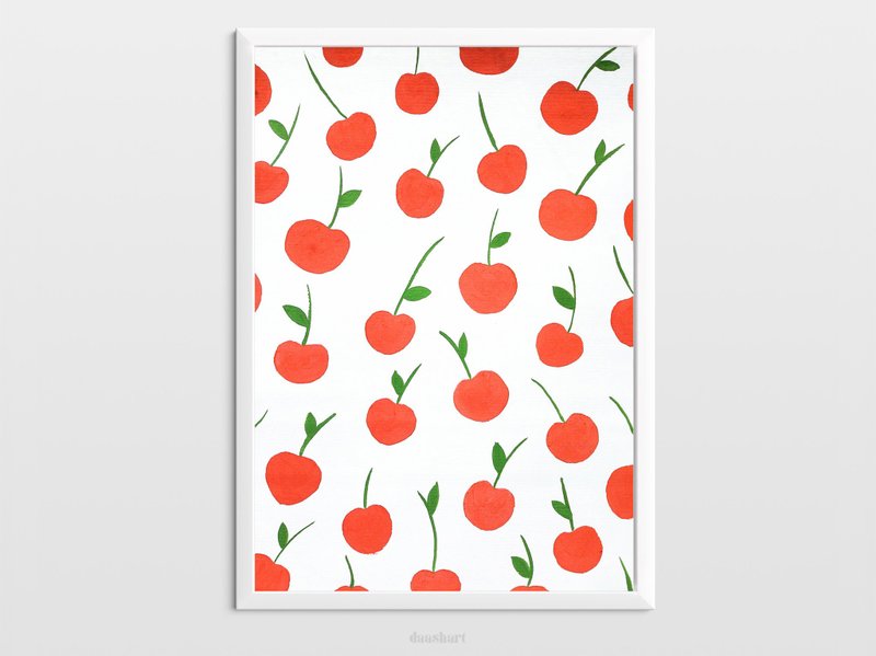 Red cherries pattern original painting gouache artwork kitchen decor poster - 海報/掛畫/掛布 - 紙 紅色
