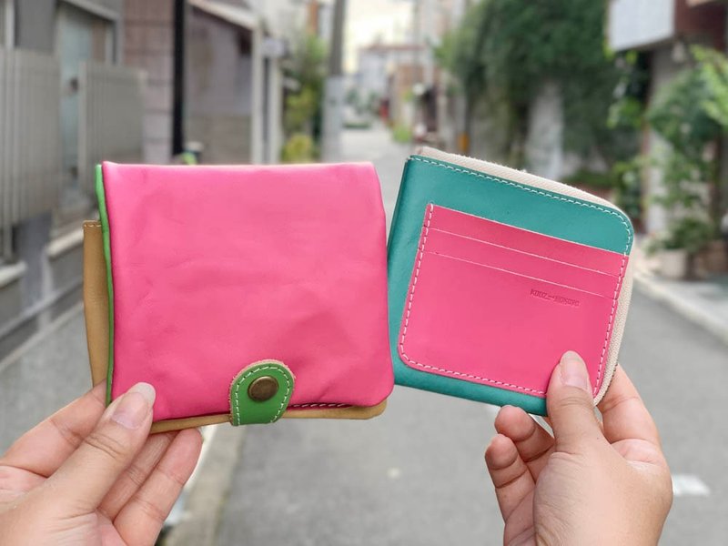 H-PLUMP　ドキドキ・ピンクのカラフル　ハーフプランプ財布　個性的デザイン　HPW-PGOP-TPG-W - 錢包/皮夾/長短夾 - 真皮 粉紅色