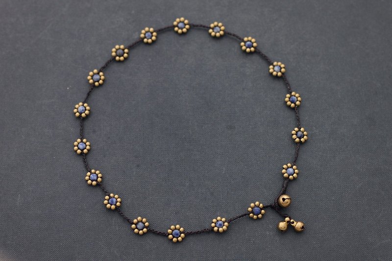 Bead Necklaces Woven Stone Sodalite Flower Daisy Folk Brass - Necklaces - Stone Silver
