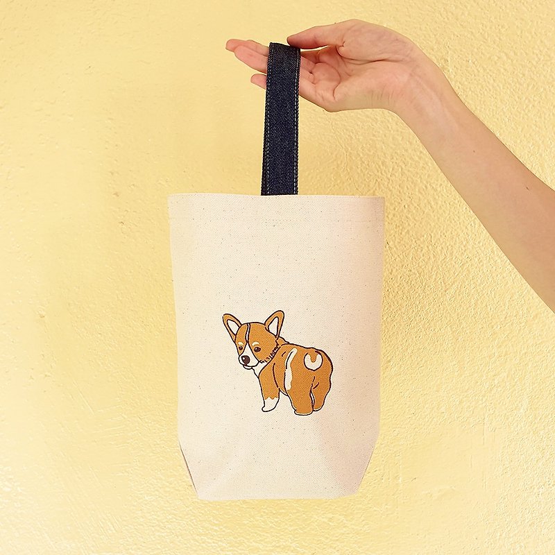 Cat hair original handmade silk-printed denim single handle canvas bag water bottle bag folding umbrella bag / Corgi - กระเป๋าถือ - ผ้าฝ้าย/ผ้าลินิน หลากหลายสี
