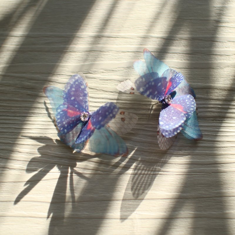 A pair of butterfly tulle earrings & rhinestone 925 silver ear pin pierced or clip-on earring - Earrings & Clip-ons - Silk Blue