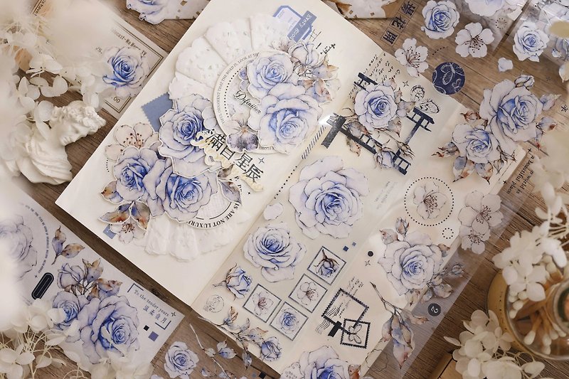 藍調 復古藍色薔薇花 手帳拼貼PET 和紙膠帶 - 紙膠帶 - 其他材質 多色