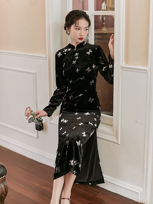 黒Xiaomeng高貴なベルベット長袖チャイナドレスイブニングドレス
