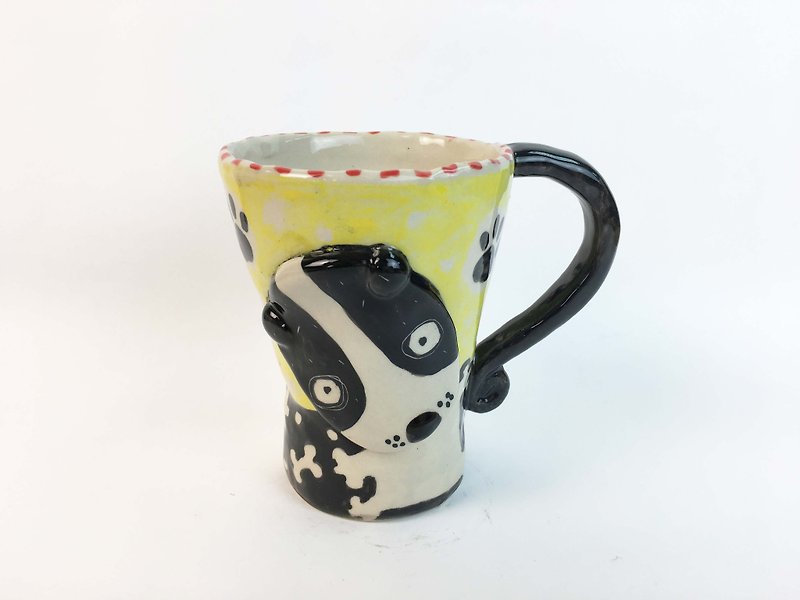 Nice Little Clay handmade Bell Cup_Black dog cute dog 0101-25 - Mugs - Pottery Yellow