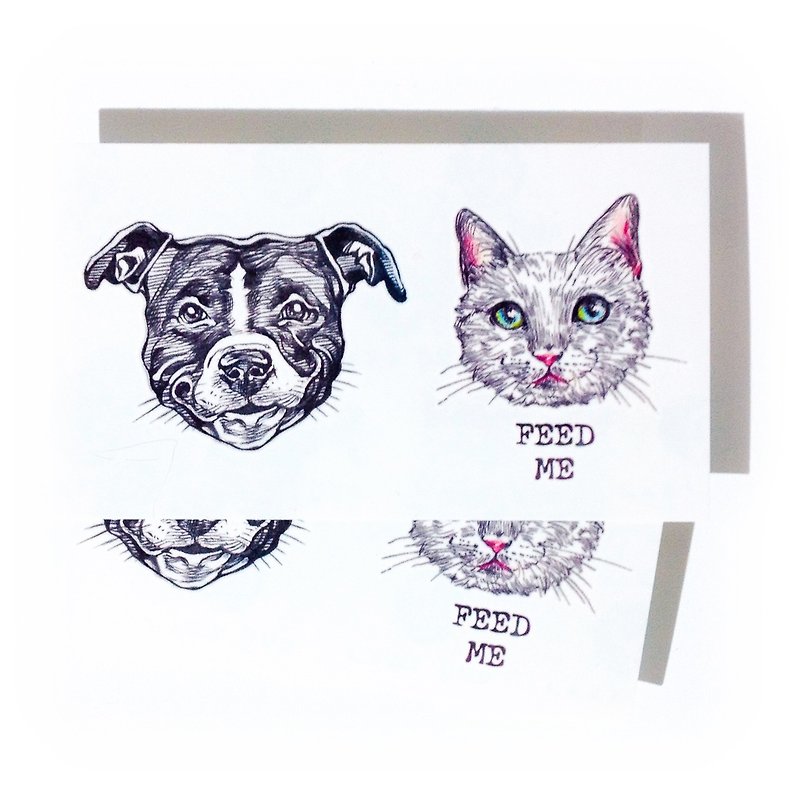 情侶插畫白貓黑犬動物刺青寵物紋身貼紙 狗奴 貓奴 比特犬 鬥牛㹴 - 紋身貼紙/刺青貼紙 - 紙 