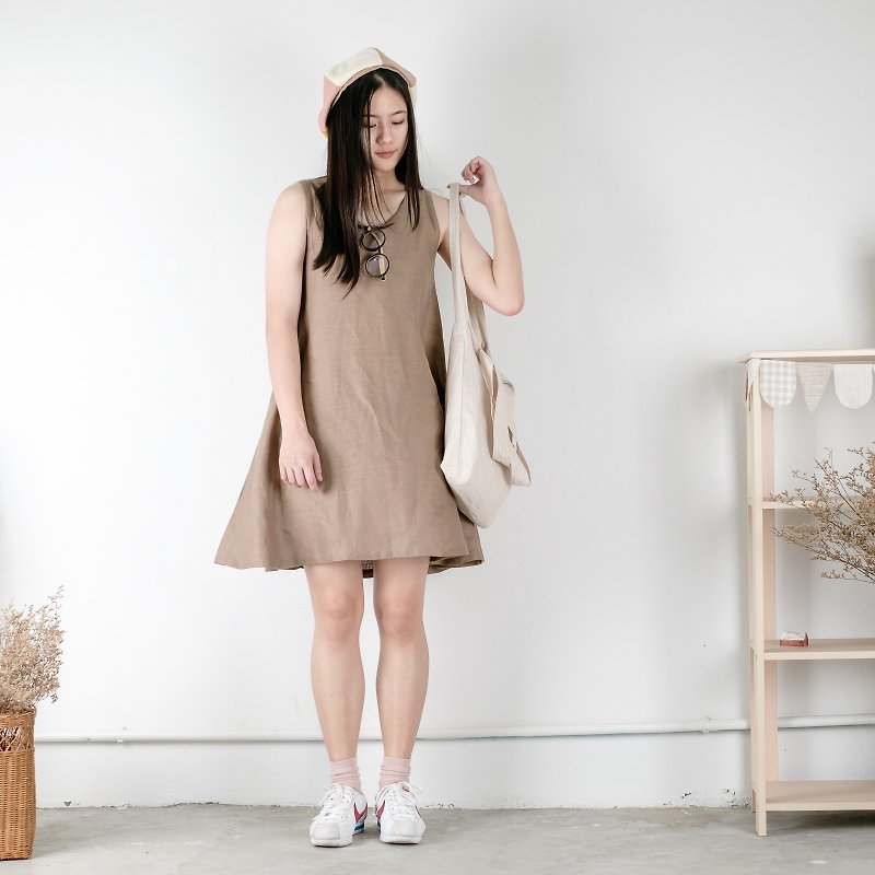 Mini A-dress Linen Fabric (Brown) - One Piece Dresses - Cotton & Hemp Brown