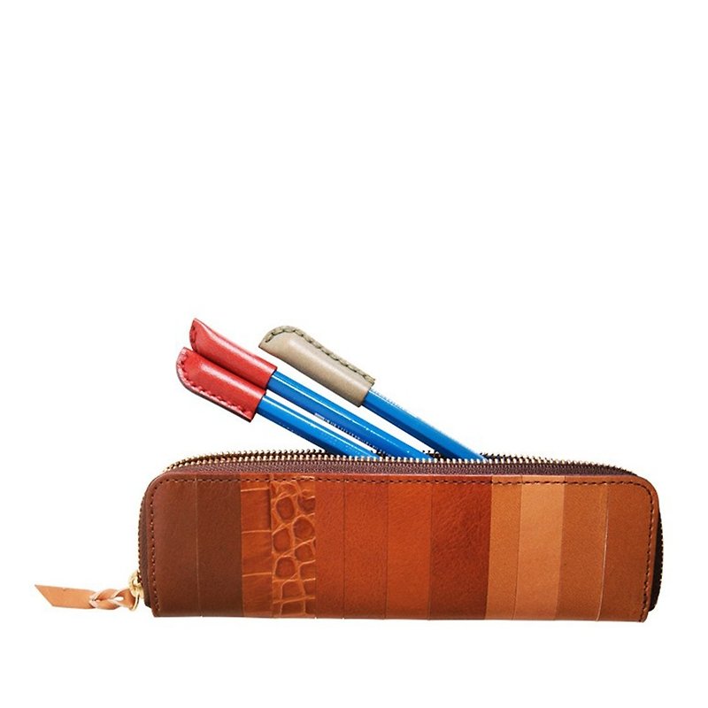 縞模様の革ペンケース - ペンケース・筆箱 - 革 ブラウン