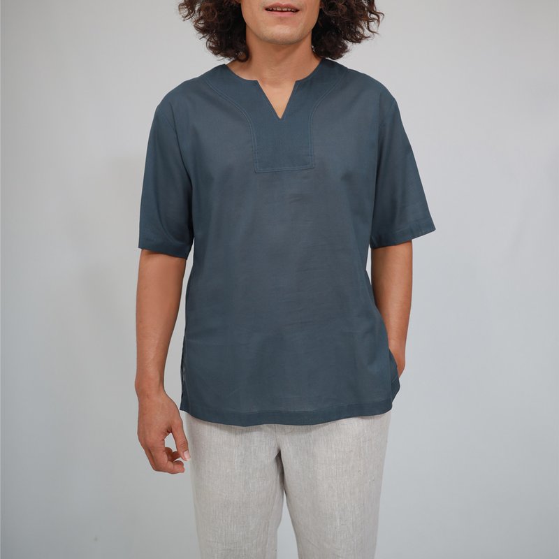 Men Cotton Shirt, Pullover Cotton Top, Summer Shirt, Henry, Grey - 男 T 恤 - 棉．麻 灰色