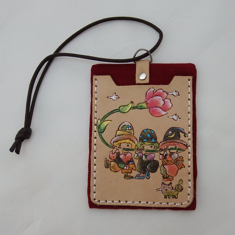 Vegetable-tanned leather double-layer card holder ID card set three kids and cats - ที่ใส่บัตรคล้องคอ - หนังแท้ สีแดง