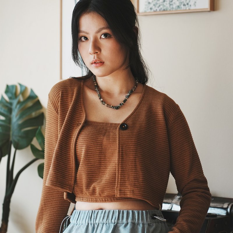 【ad-lib women】Cropped Cardigan Set - Brown//Black (CD101) - Women's Sweaters - Polyester Brown