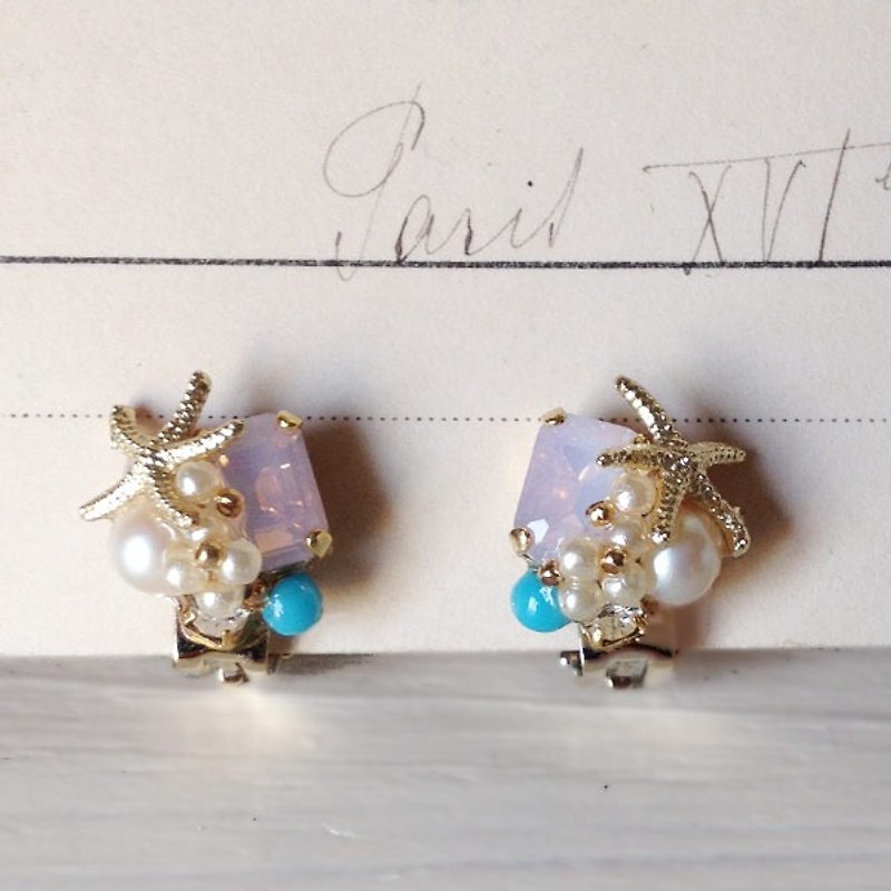 Vintage Pearl and Swarovski Starfish Bijou earrings [ii-393] - ต่างหู - กระดาษ สึชมพู
