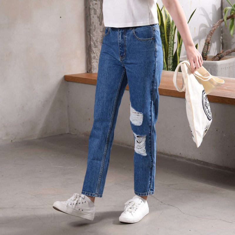 STRAIGHT LADY JEANS∣Straight Cut Crop Jeans ‧ Slim Comfy ‧ Mid-Rise Half-Elastic - กางเกงขายาว - ผ้าฝ้าย/ผ้าลินิน 