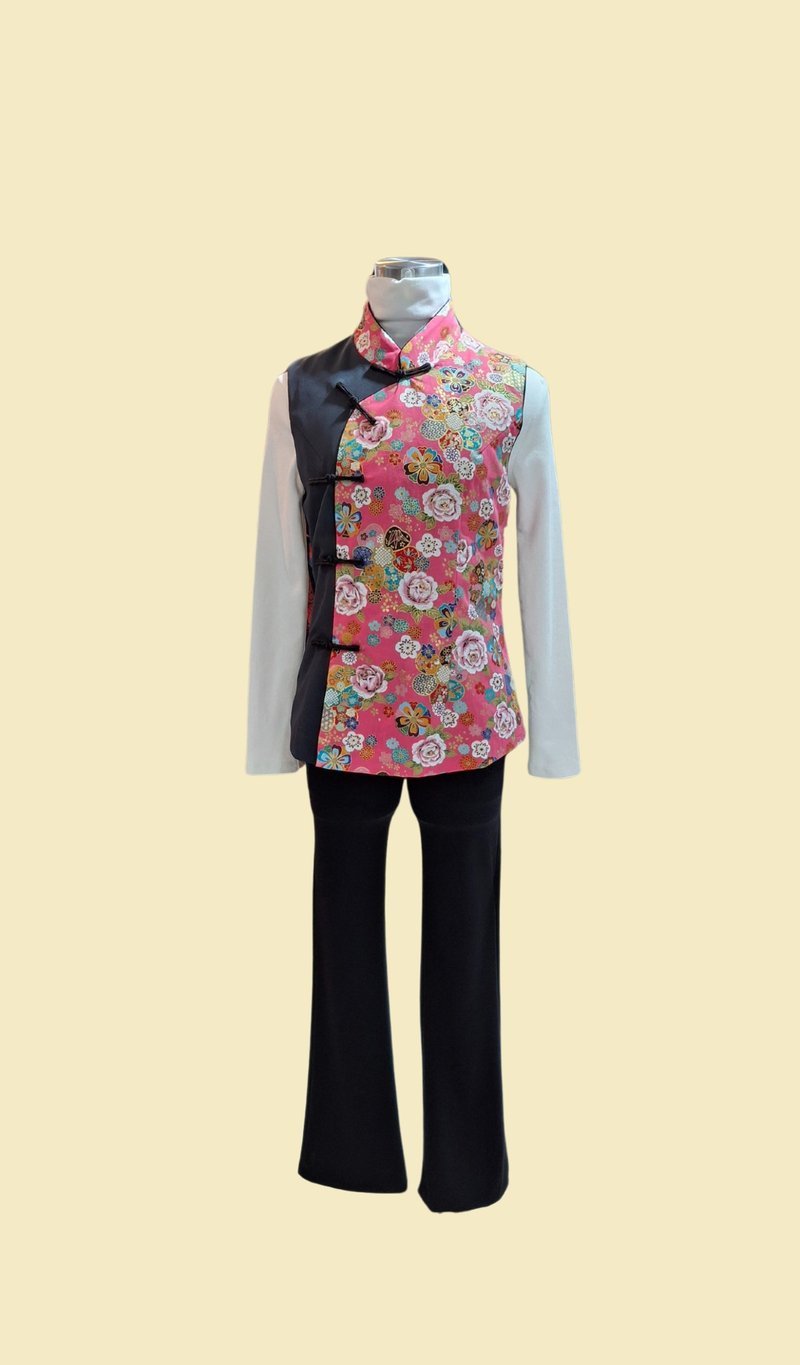 Vintage Qipao Pink Rose Patchwork Vest - Unisex Hoodies & T-Shirts - Polyester Pink