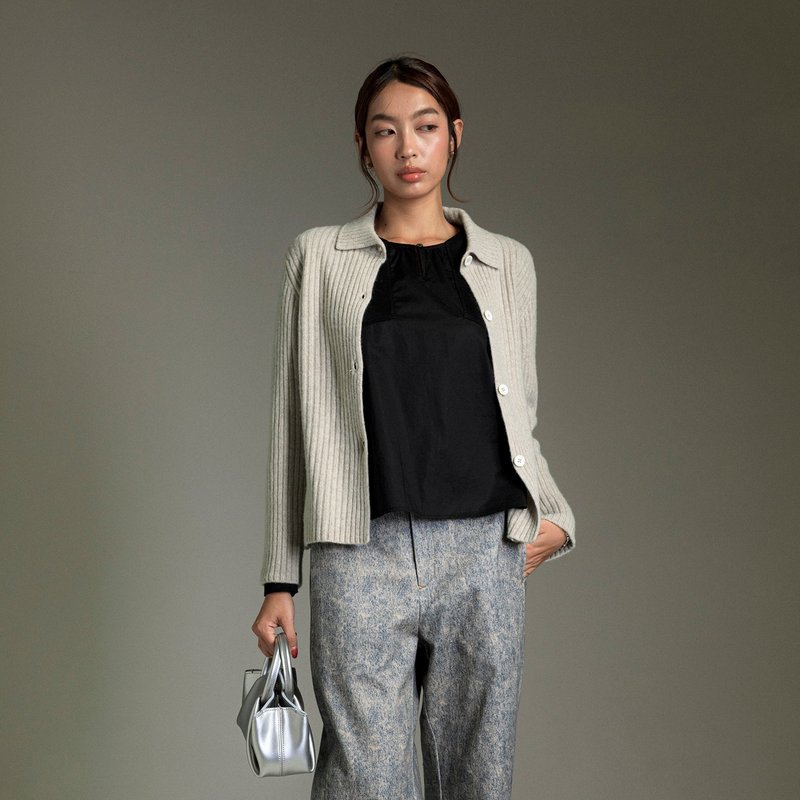 【羊毛】襯衫領羅紋開襟外套 - 女大衣/外套 - 羊毛 白色