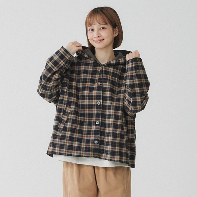 【Simply Yours】Hooded Button Plaid Jacket - Black coffee F - เสื้อแจ็คเก็ต - ผ้าฝ้าย/ผ้าลินิน สีนำ้ตาล