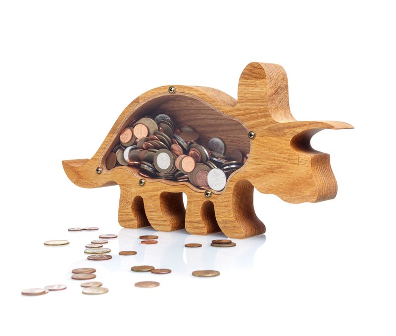 Personalized dinosaur piggy bank for boys & girls TRICERATOPS Wooden coin bank - 存錢筒 - 木頭 