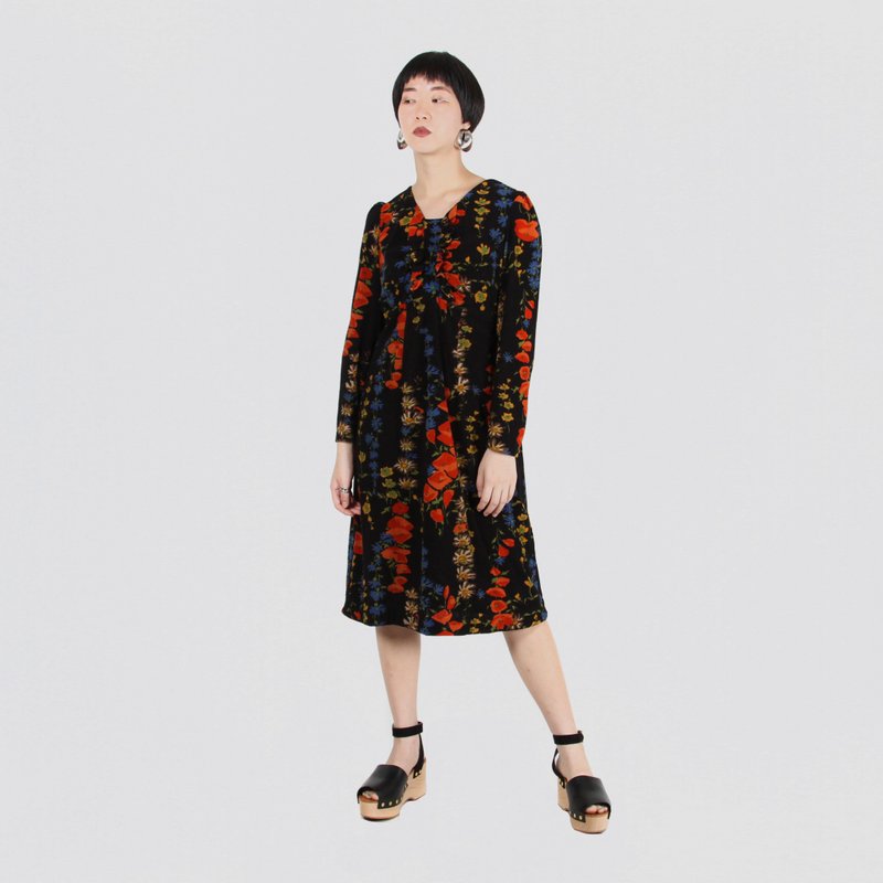 【蛋植物古着】花串風鈴長袖印花古著洋裝 - 洋裝/連身裙 - 其他人造纖維 