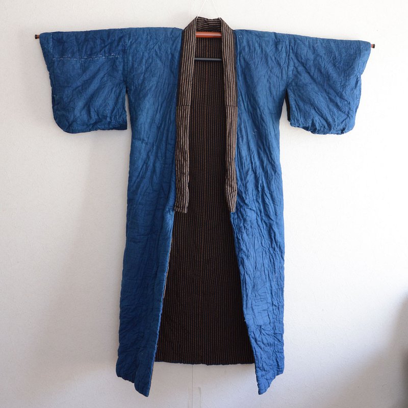 綿入れ着物 丹前 掻巻 古布 木綿 藍染 縞模様 ジャパンヴィンテージ リメイク素材 - 女大衣/外套 - 棉．麻 藍色