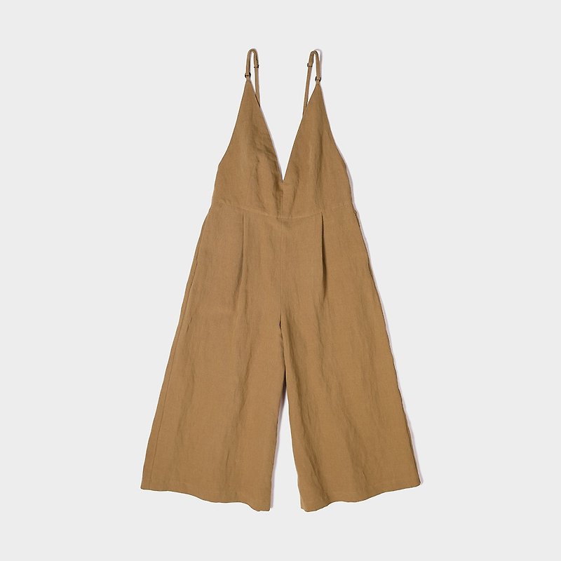 Large V-neck linen sling nine-point wide leg pants - กางเกงขายาว - ผ้าฝ้าย/ผ้าลินิน สีเหลือง