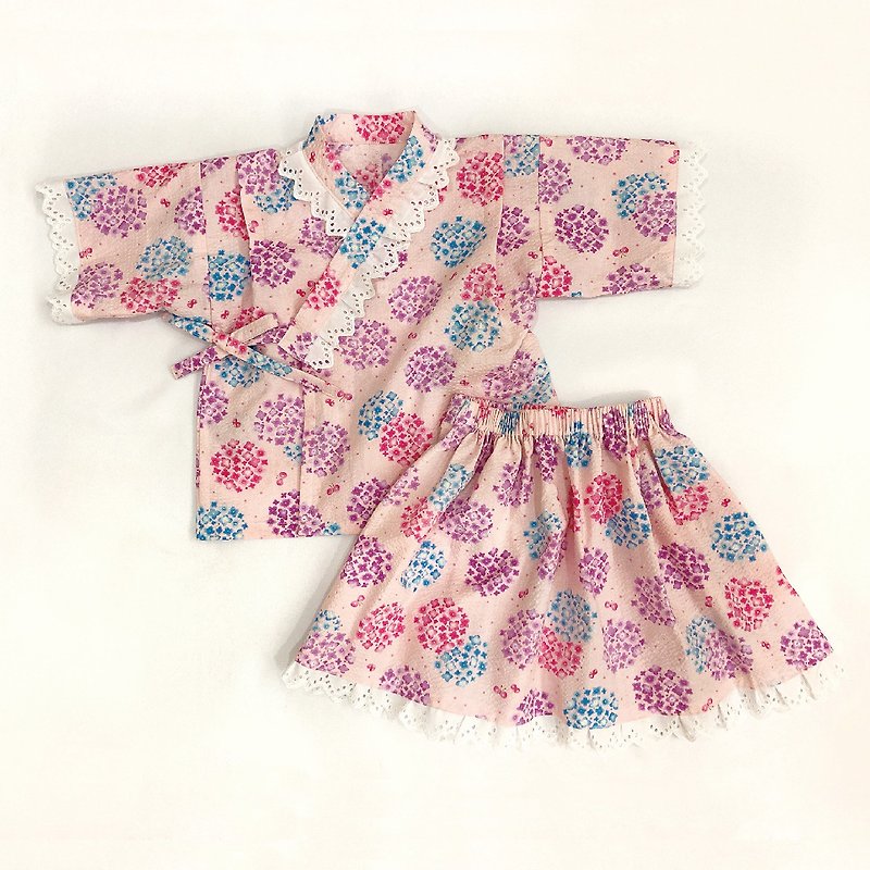 兩件式拼接甚平/裙子 預購款 - 男/女童裝 - 棉．麻 粉紅色