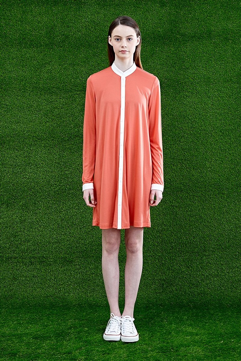 [Seasonal Sale] Orange and white stitching knitted shirt dress - ชุดเดรส - ผ้าฝ้าย/ผ้าลินิน สีส้ม
