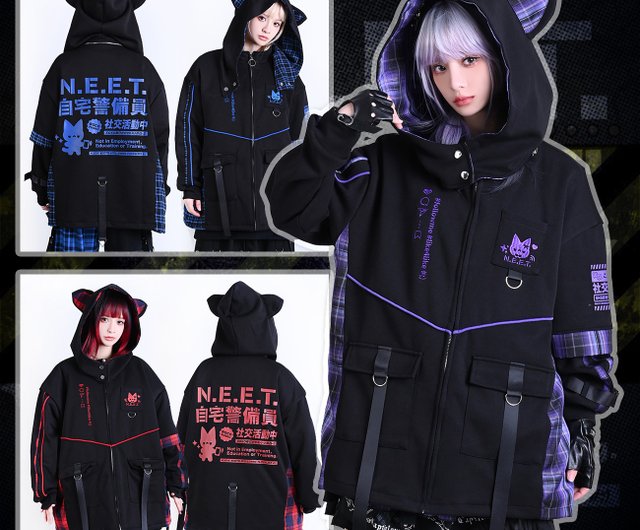 国内未入荷 Fourth3ex - Cartoon Embroidered Hooded Jacket harajuku anime NEET otaku squad socialite cat tartan quilted