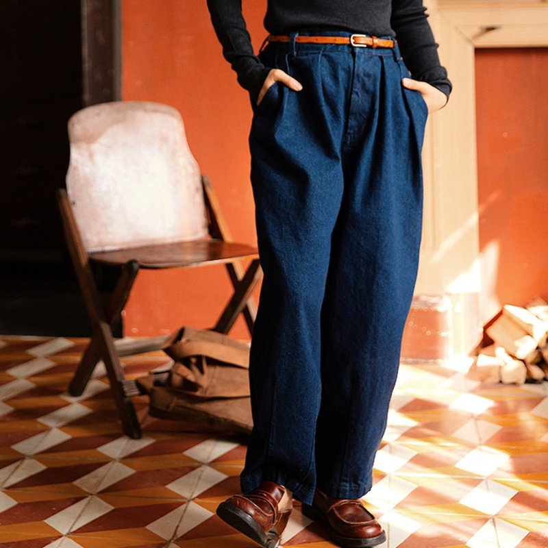 Dark Blue Loose Wide Leg Jeans Denim Boyfriend Wind Wide Leg Wide Pants Unisex Pants - กางเกงขายาว - ผ้าฝ้าย/ผ้าลินิน สีน้ำเงิน