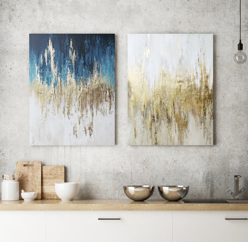Abstract Blue and Gold Painting | Set of Two Abstract | Polarity - 壁貼/牆壁裝飾 - 棉．麻 藍色