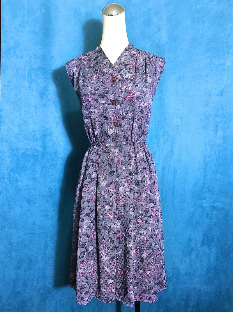 精緻材質花朵織紋無袖古著洋裝 / 國外帶回 VINTAGE - 洋裝/連身裙 - 聚酯纖維 紫色