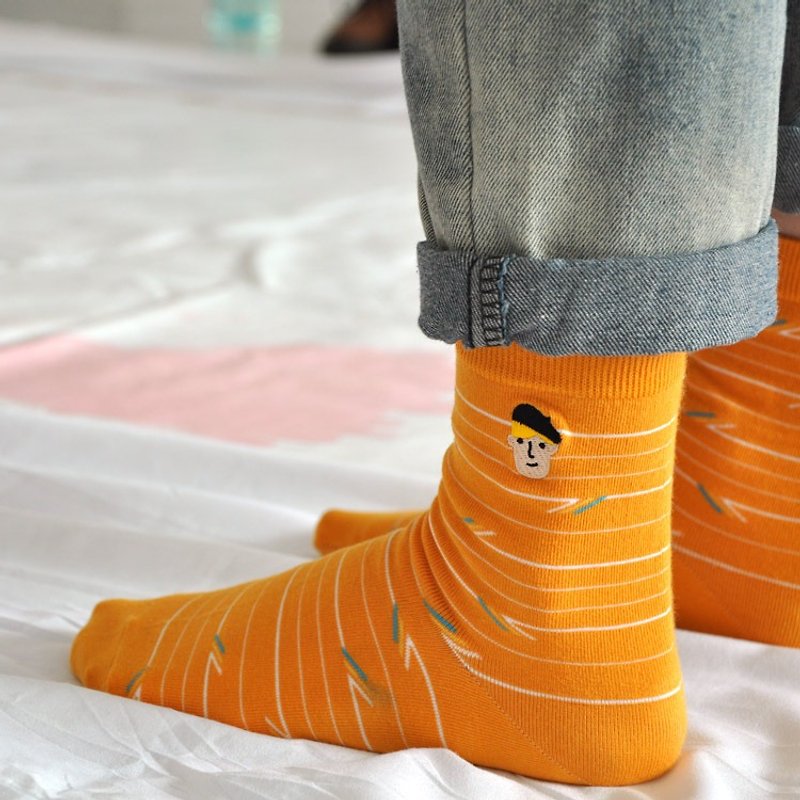 小畫家 3:4 /橘/ 刺繡 襪子 - 襪子 - 棉．麻 橘色