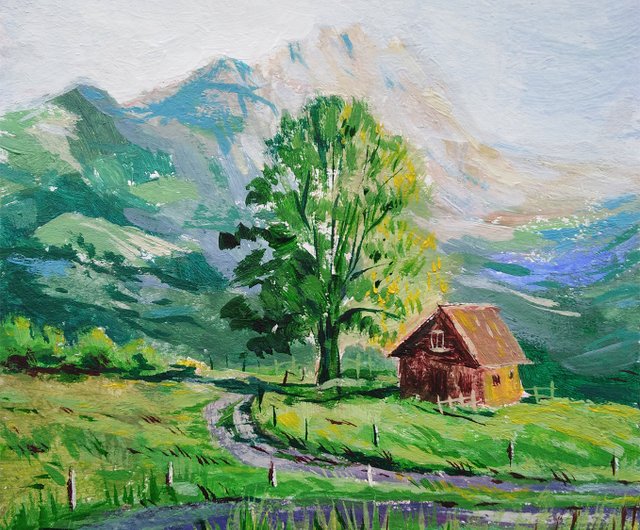 Original Painting, Mountain landscape, Houses in the mountains sale