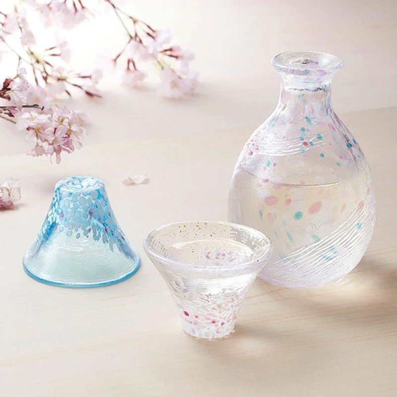 (Set of 3) [Toyo Sasaki, Japan] Sakura Fuji Zhaofu Sake Bottle and Light Sakura Haruna Sakura Double Wine Cup - Bar Glasses & Drinkware - Glass Pink