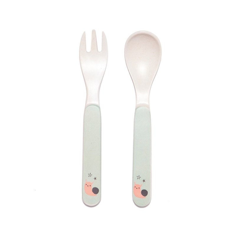 [Out of print out] Dutch Petit Monkey bamboo fiber fork and spoon set-pink snail - จานเด็ก - วัสดุอีโค 