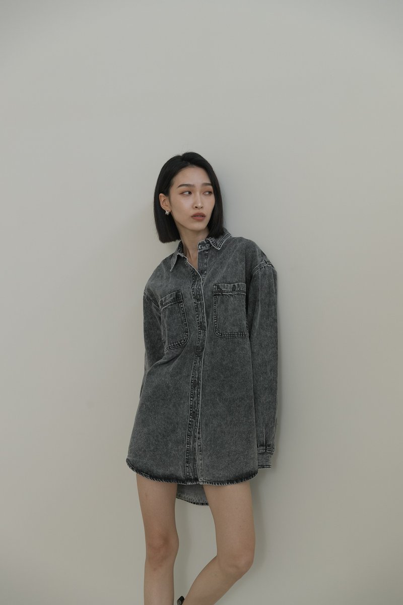 [Brand Original] Randy Denim Thick Shirt Thin Jacket Washed Black - Women's Shirts - Cotton & Hemp Black