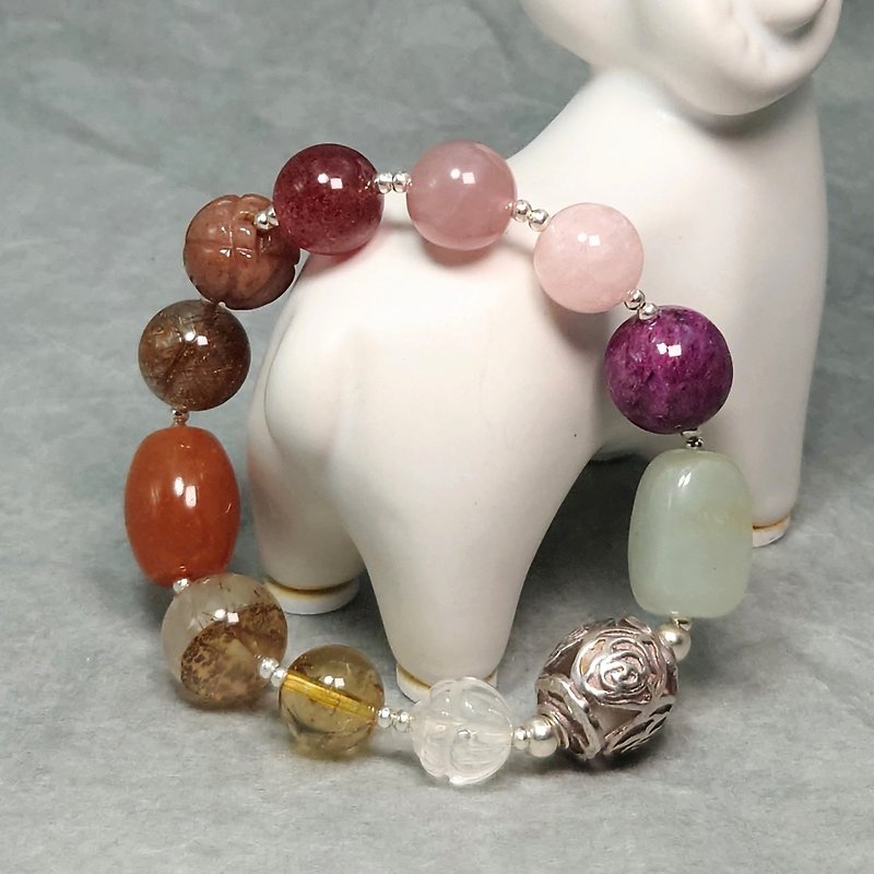 Bracelet, crystal chalcedony, titanium Stone, morganite, ruby, Hetian jade, 925 silver ornaments, multi-treasure hand beads - Bracelets - Gemstone 