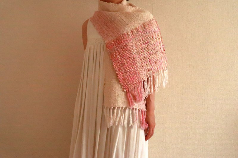 手織りストール　リネンコットン　Strawberry　タペストリー　Shawl (S) 80 - 絲巾 - 棉．麻 粉紅色