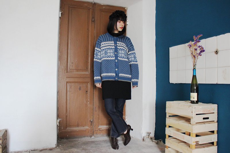 [Vintage sweater] (Norwegian standard) blue white pattern pure wool knit sweater (Made in Norway) F3162 - Women's Sweaters - Wool Blue