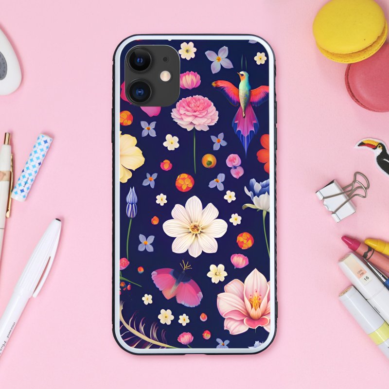 Mysterious butterflies and bird flying around on colorful and vibrant Nordic flower lover patterns Smartphone case [Tempered glass finish] Compatible with iPhone 16 - เคส/ซองมือถือ - พลาสติก หลากหลายสี