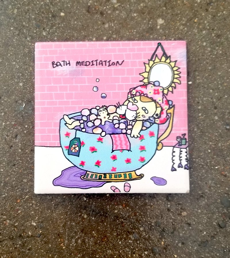 Artist Lemon C illustration prints on tile decoration Bath Meditation - Other - Pottery Pink