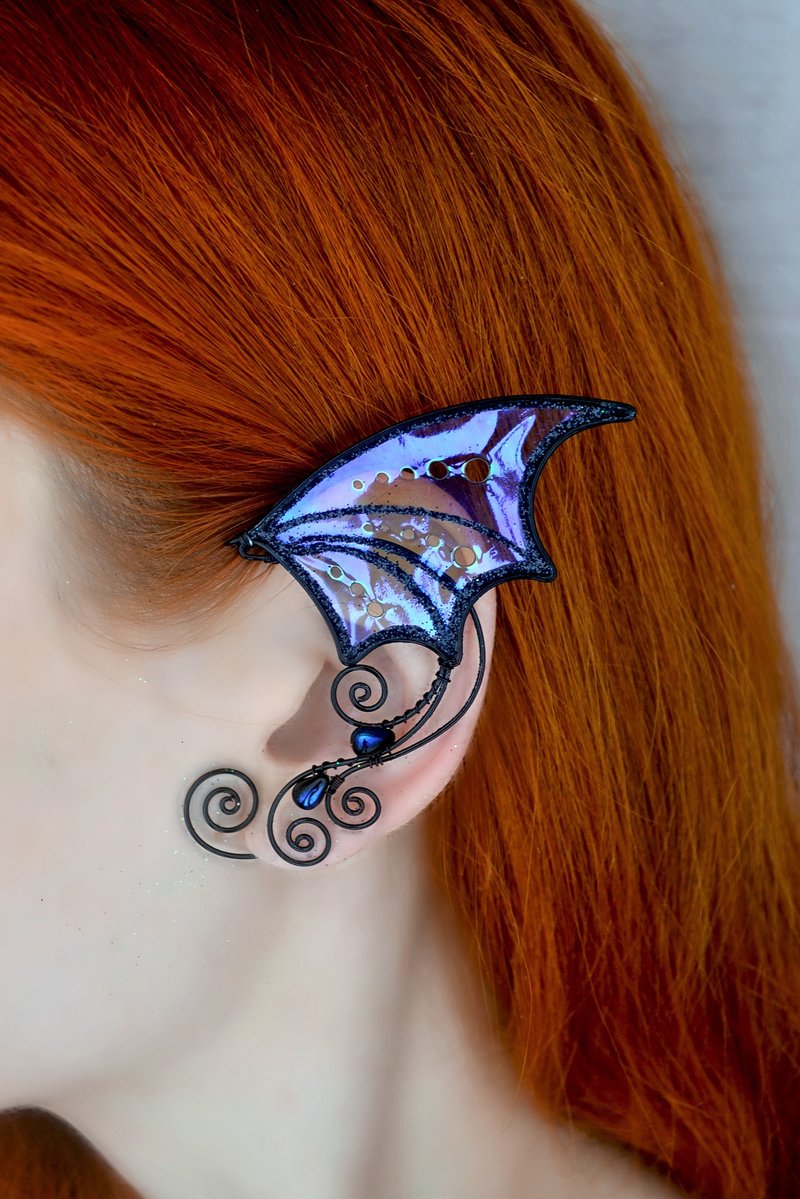Gothic bat ear cuff earring no piercing - 耳環/耳夾/耳骨夾 - 銅/黃銅 紫色