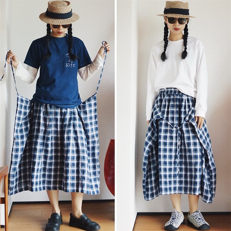 N variations of long skirts with ties Italian imported yarn-dyed checkered thin linen fabric skirt - กระโปรง - ผ้าฝ้าย/ผ้าลินิน สีน้ำเงิน