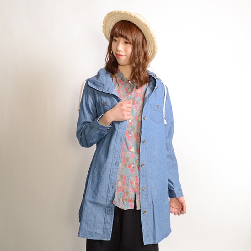 Denim light jacket with hood Spring outer - เสื้อแจ็คเก็ต - ผ้าฝ้าย/ผ้าลินิน สีน้ำเงิน