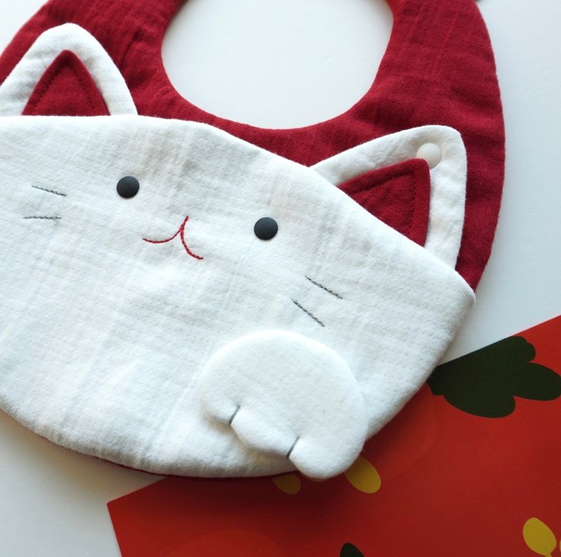 Lucky Cat Pocket Bib. Red envelopes can be placed - Bibs - Cotton & Hemp Red