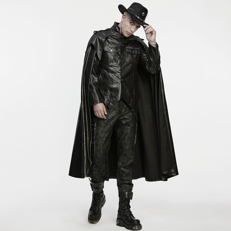 龐克秘教騎士仿皮革斗篷外套 / 假兩件 - 男夾克/外套 - 其他材質 黑色