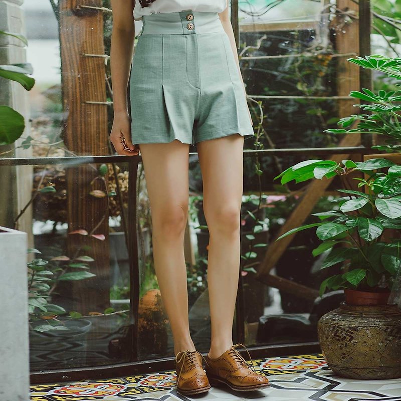 安妮陳2017夏裝新款女士腰部拼紗褶皺短褲 - 女短褲/五分褲 - 棉．麻 綠色