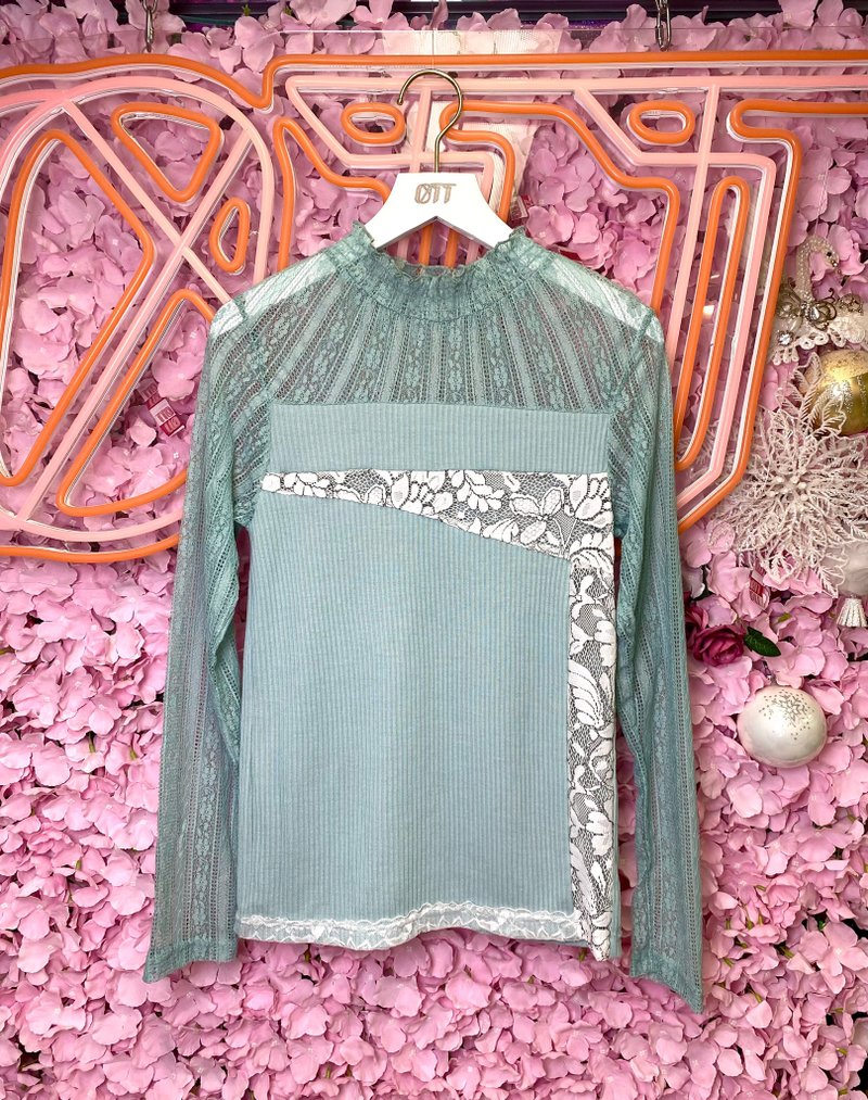 OTT unique•unique Japanese lake green lace splicing knitted top - เสื้อผู้หญิง - ผ้าฝ้าย/ผ้าลินิน สีเขียว