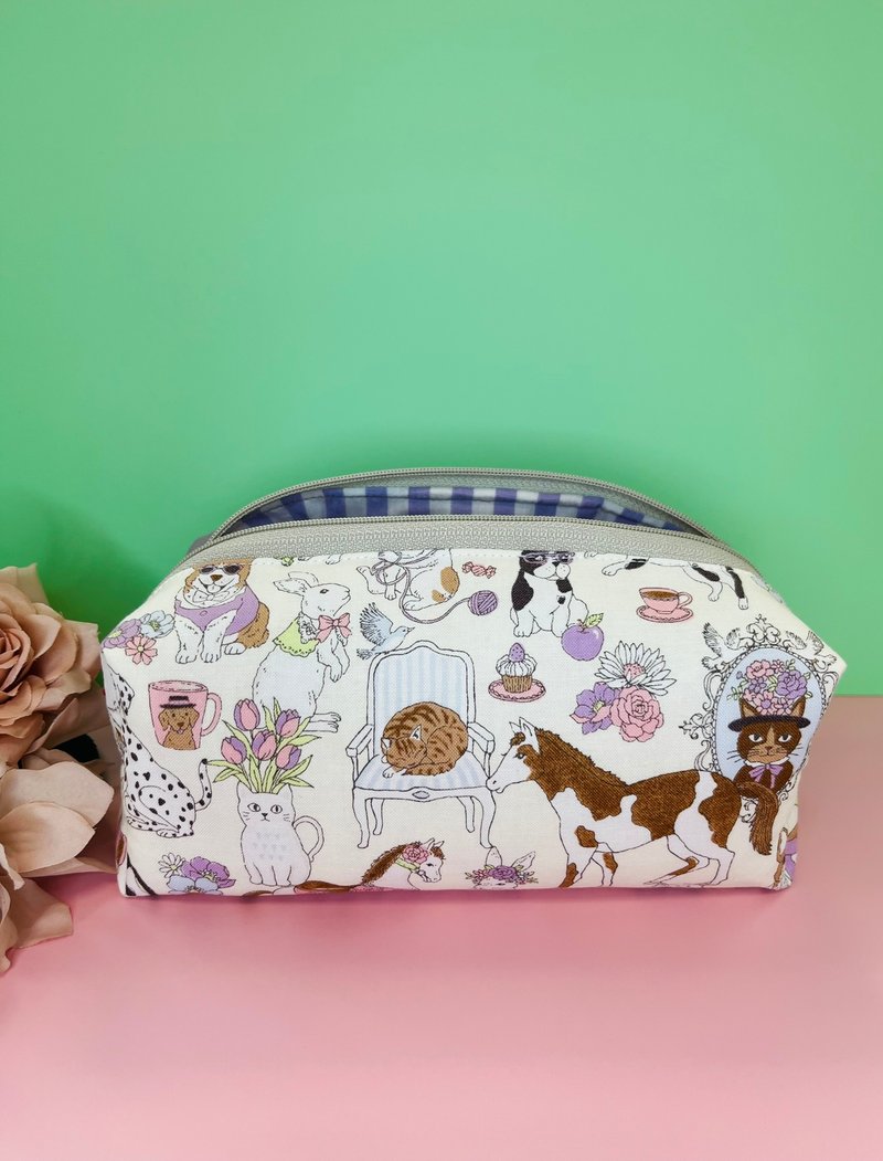 日本製　アニマル柄ポーチ - 化妝包/收納袋 - 棉．麻 白色