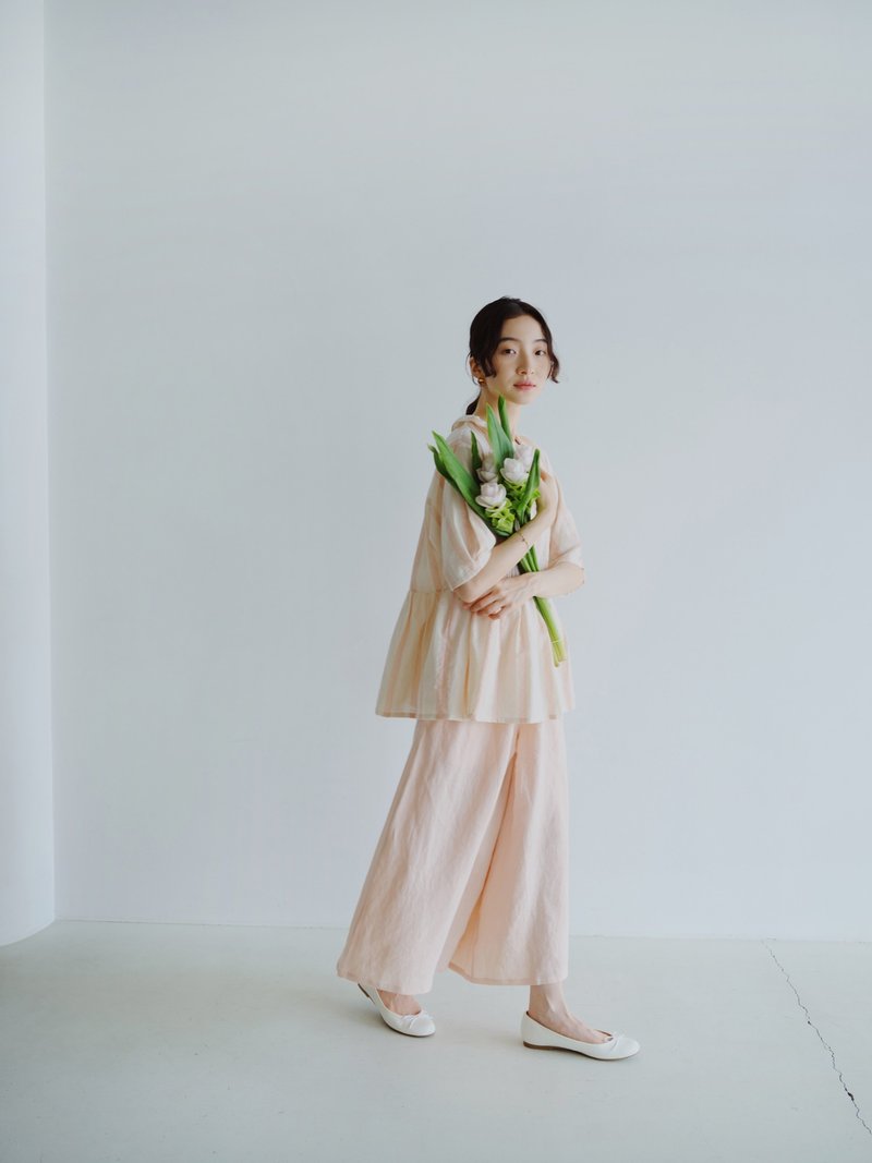 KOOW Japanese style wide-leg pants with petal waistband and drape sand-washed linen cropped culottes - กางเกงขายาว - ผ้าฝ้าย/ผ้าลินิน สึชมพู